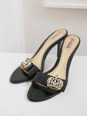 HALE BOB Size 10 M Black Leather Heels w/ Asymmetric Rhinestone Crown Brooch Y2K